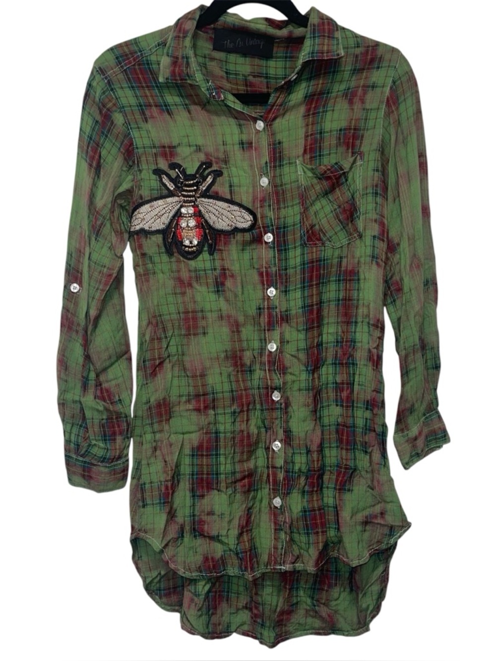 The Nu Vintage Green Red Plaid Roll Tab Long Sleeve Button Up Tunic Artsy Boho M